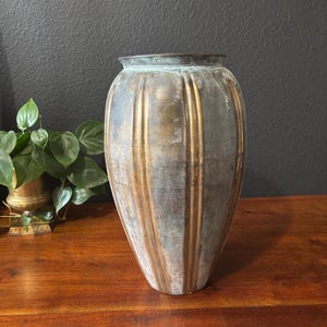 Vintage Silver Metal & Brass Ribbed Flower Vase, Large Rustic Patina Bud Vase, Silver and Brass Pot, Tall Trumpet Shaped Indoor Planter