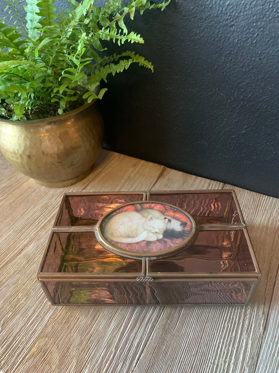 Vintage Glass and Brass Jewelry Box with Cat Pictu