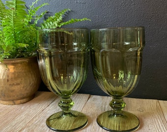 Vintage Libby Diratuff Olive Green Wine Water Goblets | Set of Two | Gibraltar Stemware | Vintage Barware | Footed Iced Tea Coffee Glasses