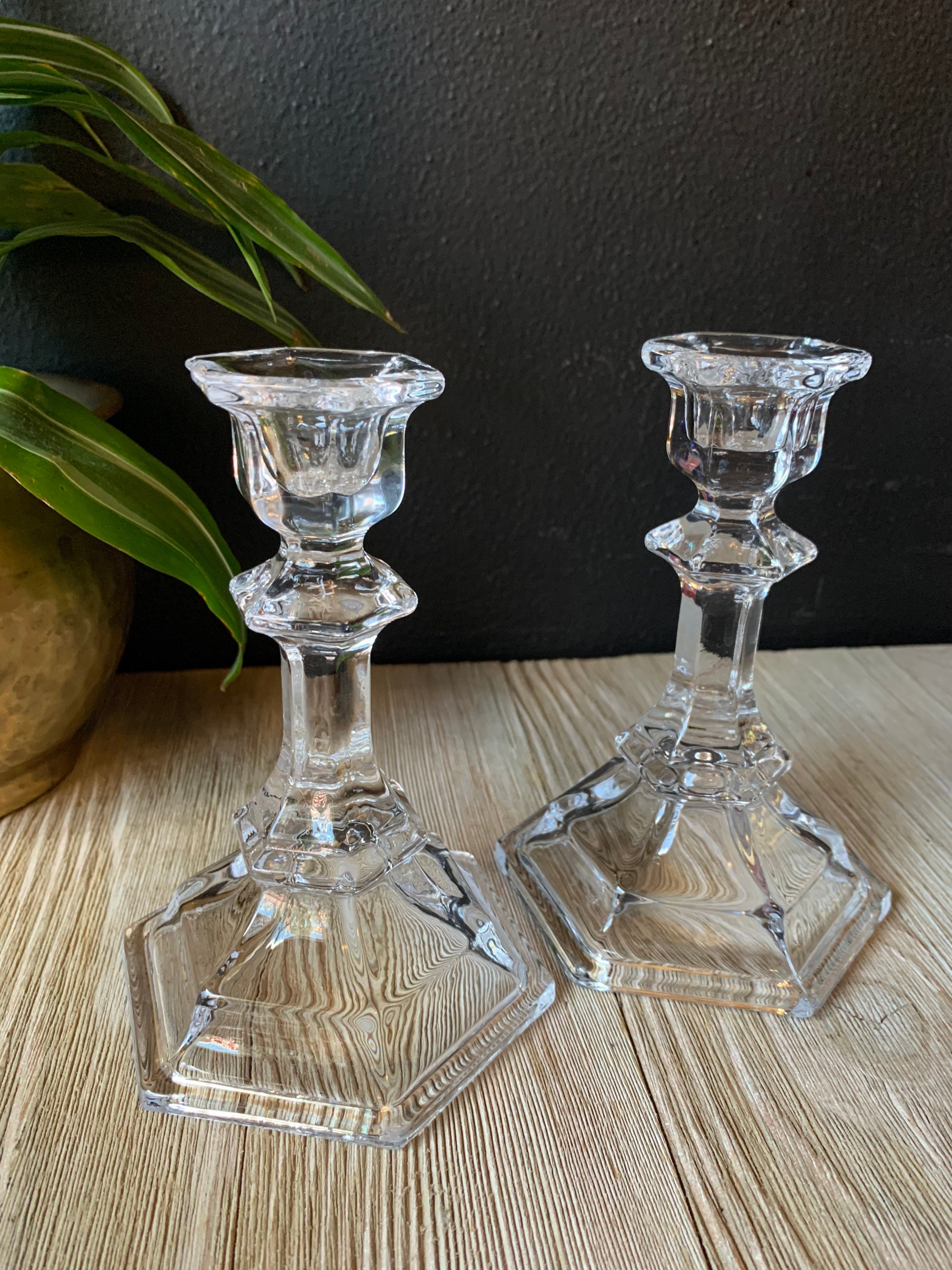 Vintage Crystal Glass Candlestick Holders, Set of Two, Clear Candle ...