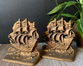 Sujetalibros vintage de galeón español de hierro fundido, decoración de velero, detalles náuticos para biblioteca de oficina, decoración rústica para estantería, regalo para papá.