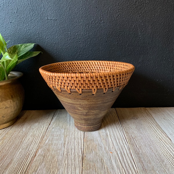 Vintage Ceramic Bowl with Wicker Trim | Tapered Brown Bowl | Wicker Decor | Small Pottery Planter | Rattan Pot | Rustic Organic Decor