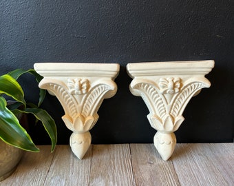 Vintage Pair Ornate Beige Ceramic Wall Sconces, White Cottagcore Wall Sconce, Set of Two, Ceramic Ivory Hollywood Regency Wall Sconce Shelfs