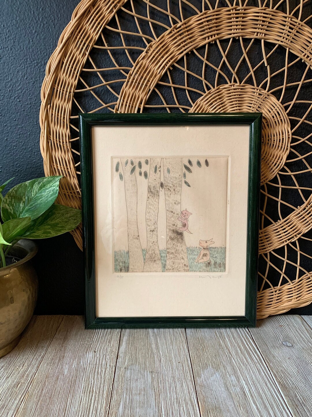 Vintage Framed Original Drawing of Dog Chasing Cat up Tree Petthemed Art Signed Schetch Gift