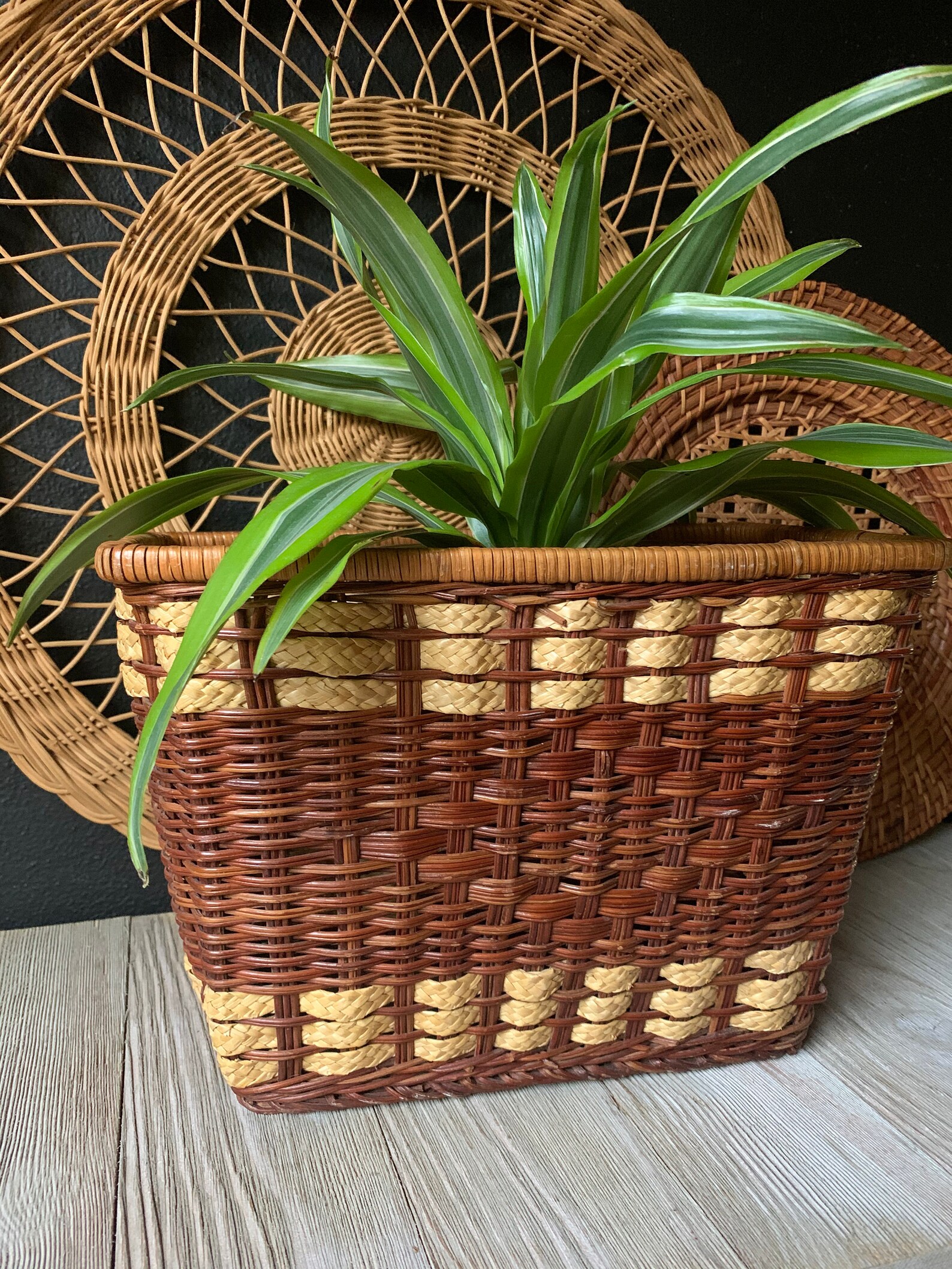 Vintage Wicker Planter Basket Rectangle Shaped Basket Etsy