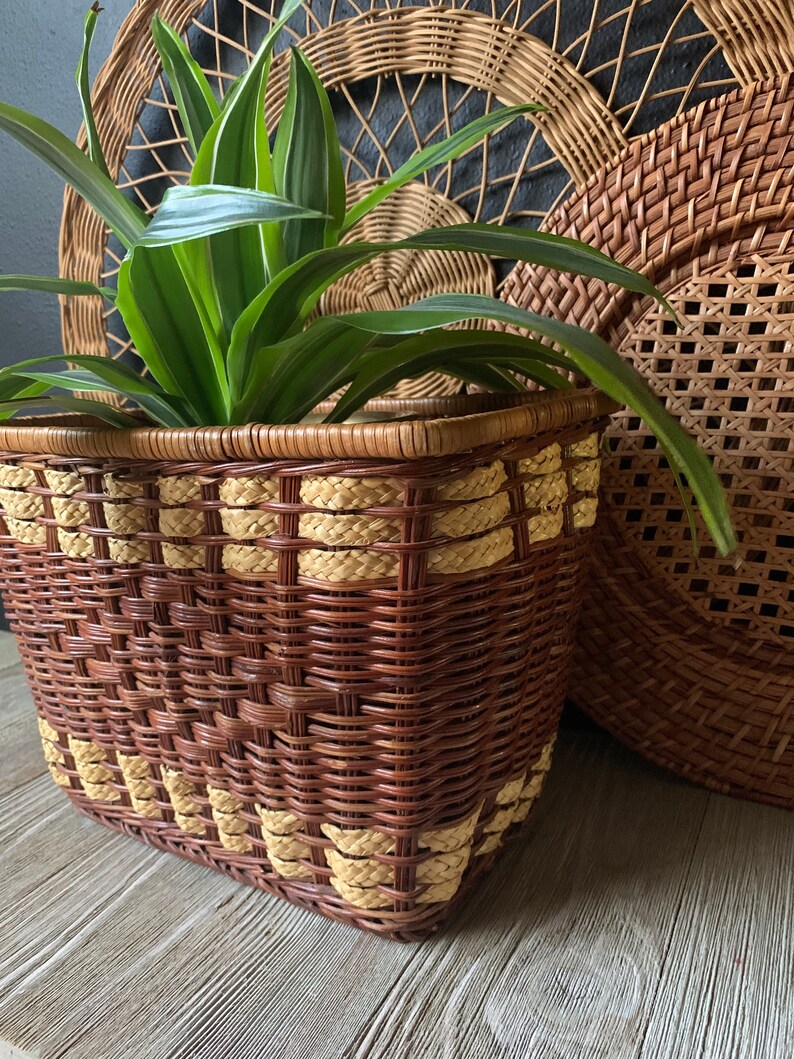 Vintage Wicker Planter Basket Rectangle Shaped Basket Etsy