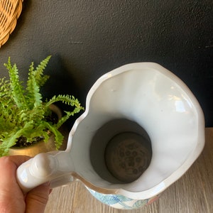 Vintage Blue and White Pink Floral Chinoiserie Ceramic Decorative Pitcher Porcelain Water Jug Vintage Planter Asian Jug with Handle image 8