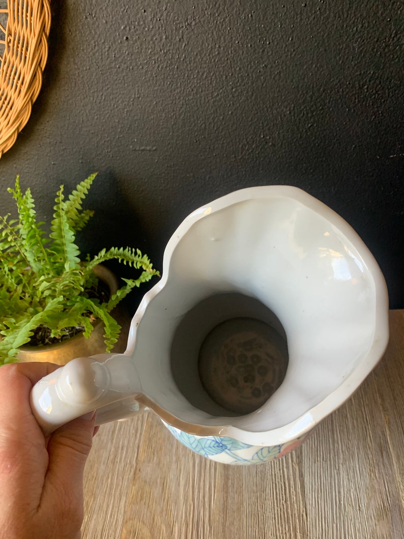 Vintage Blue and White Pink Floral Chinoiserie Ceramic Decorative Pitcher Porcelain Water Jug Vintage Planter Asian Jug with Handle image 8