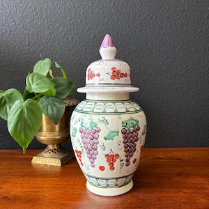 Vintage Turkish Ginger Jar, Grapevine Design, Hand Painted Ceramic Pottery, Decorative Lidded Jar, Artisan Handmade Home Decor from Turkey