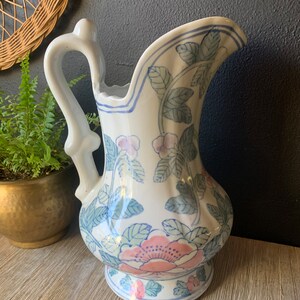 Vintage Blue and White Pink Floral Chinoiserie Ceramic Decorative Pitcher Porcelain Water Jug Vintage Planter Asian Jug with Handle image 4