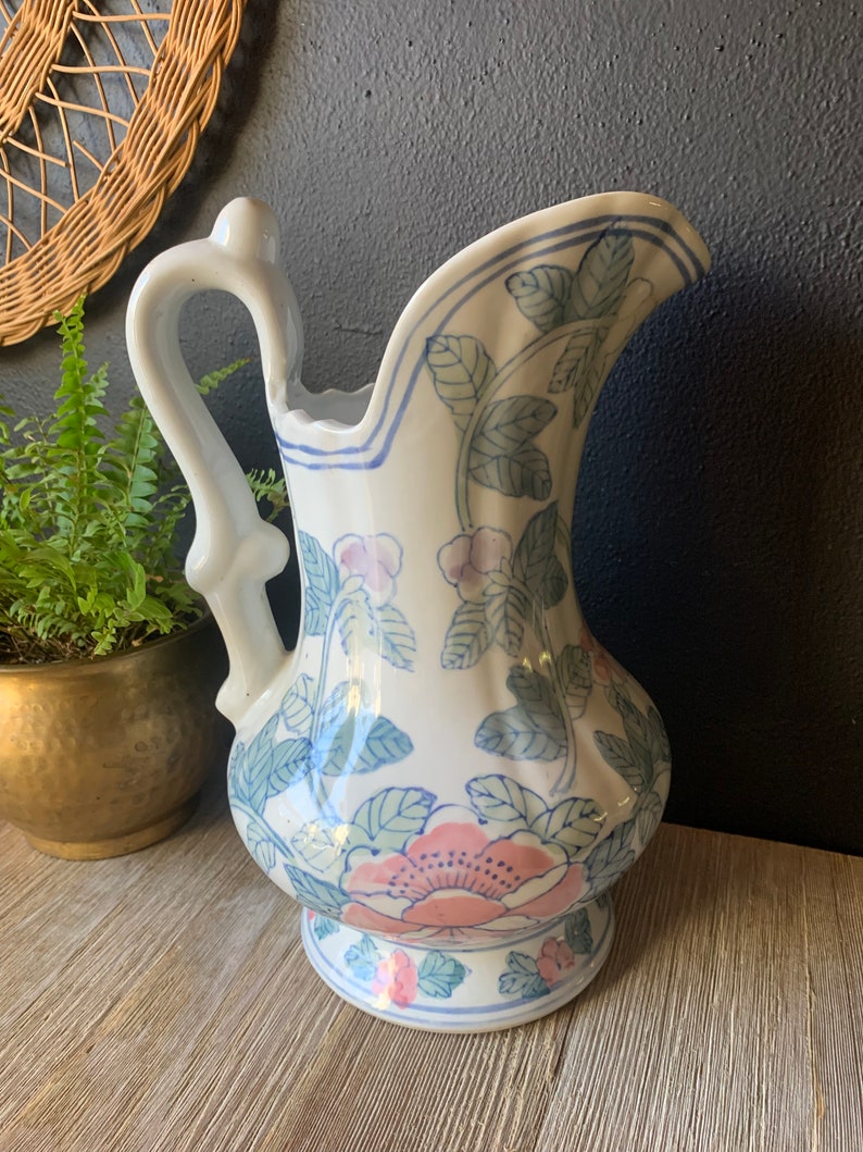 Vintage Blue and White Pink Floral Chinoiserie Ceramic Decorative Pitcher Porcelain Water Jug Vintage Planter Asian Jug with Handle image 4
