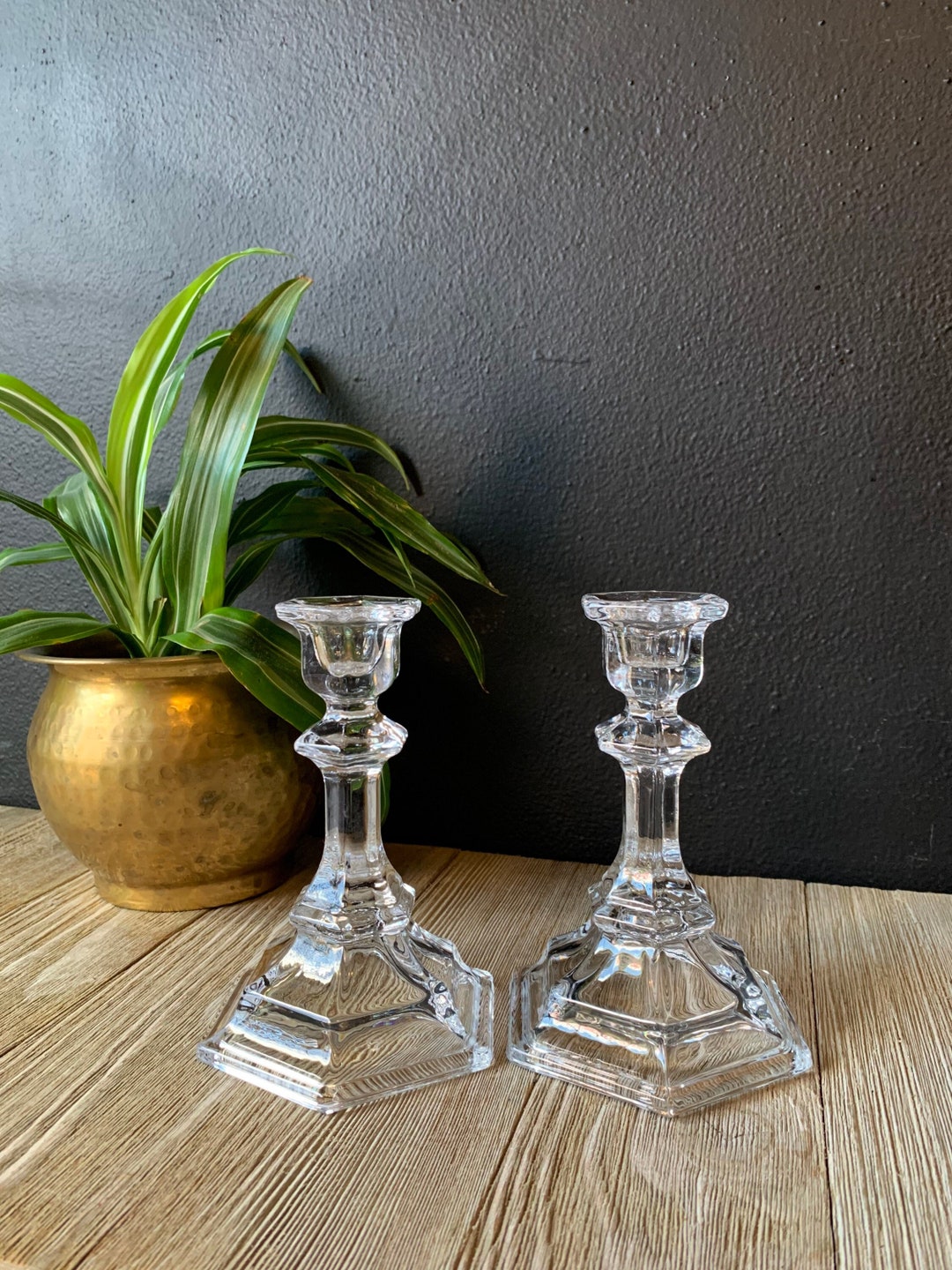Vintage Crystal Glass Candlestick Holders, Set of Two, Clear Candle ...