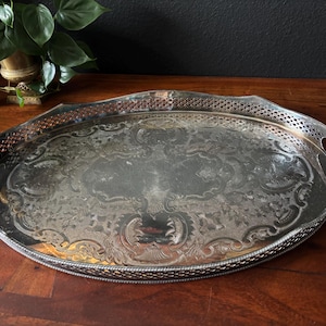 Vintage Silver on Copper Large Ornate Butlers Tray, Made in England, Metal English Handled Serving Tray, Decorative Display Decor Party Tray