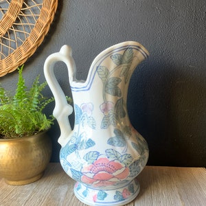 Vintage Blue and White Pink Floral Chinoiserie Ceramic Decorative Pitcher Porcelain Water Jug Vintage Planter Asian Jug with Handle image 10