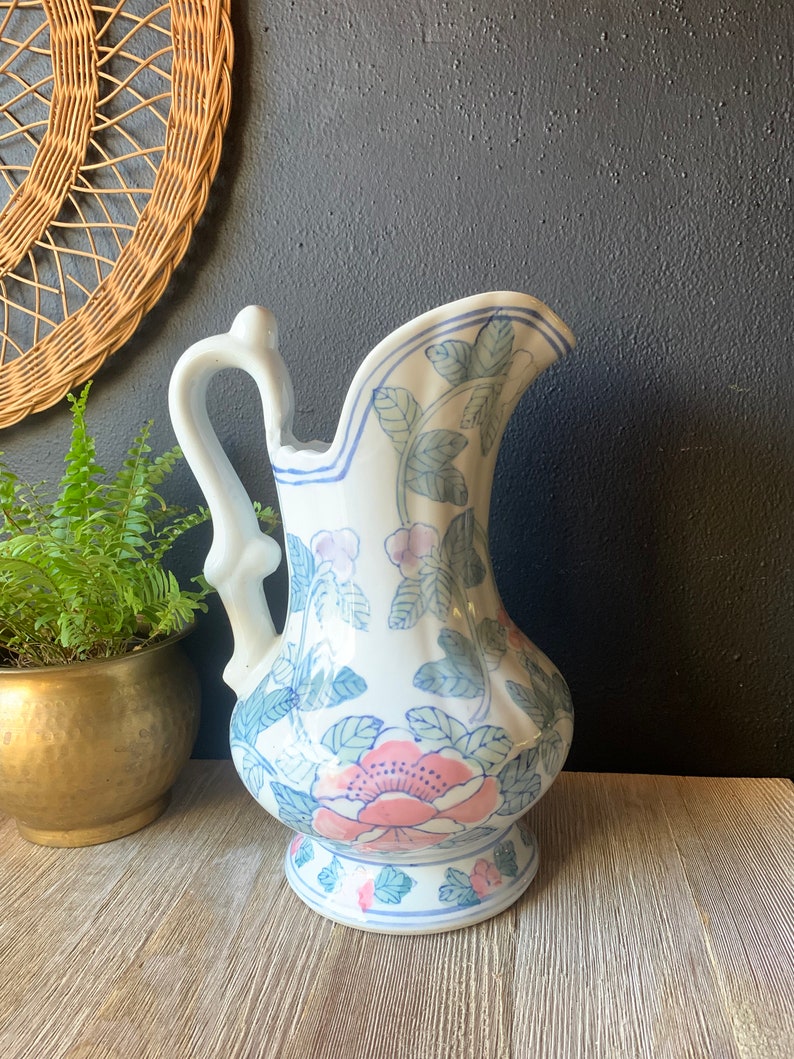 Vintage Blue and White Pink Floral Chinoiserie Ceramic Decorative Pitcher Porcelain Water Jug Vintage Planter Asian Jug with Handle image 10