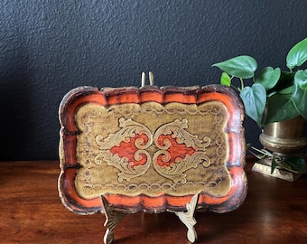 Vintage Gold & Rot verzierte Rechteck Florentiner Tablett, dekorative Holztablett, italienische Art Dekortablett, Schmuck Parfüm Anzeige Ablage