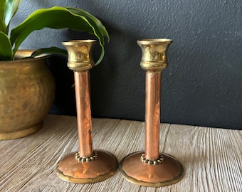 Vintage Copper and Brass Candlestick Holders, Small Two Toned Copper Candle Decor, Copper Brass Wedding Decor, Gothic Candlestick Holders