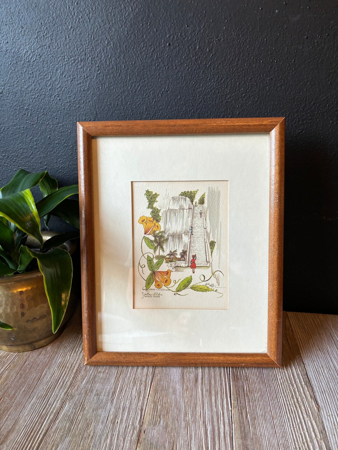 Vintage Wood Framed Bahamian Floral queens Staircase Watercolor Art ...