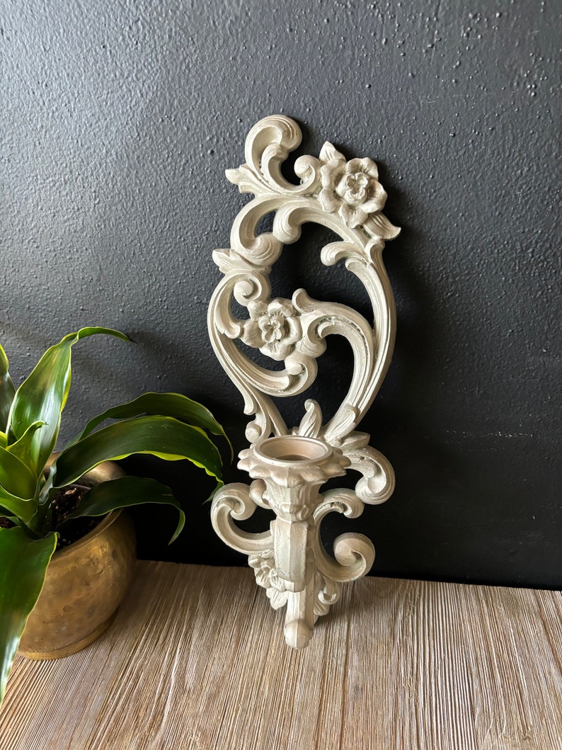 Vintage Homco Ornate White Candlestick Holder Wall Sconce, Mid Century Wall Decor, Hanging Wall Candle Holder, Gothic Candlestick Holder image 3
