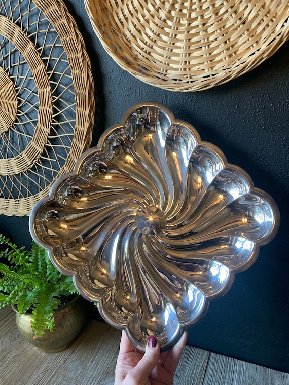Vintage Silver Platter | Square Ribbed Silver Serving Dish | Scalloped Edges | Decorative Silver Tray | Silver Dessert  Appetizer Plate