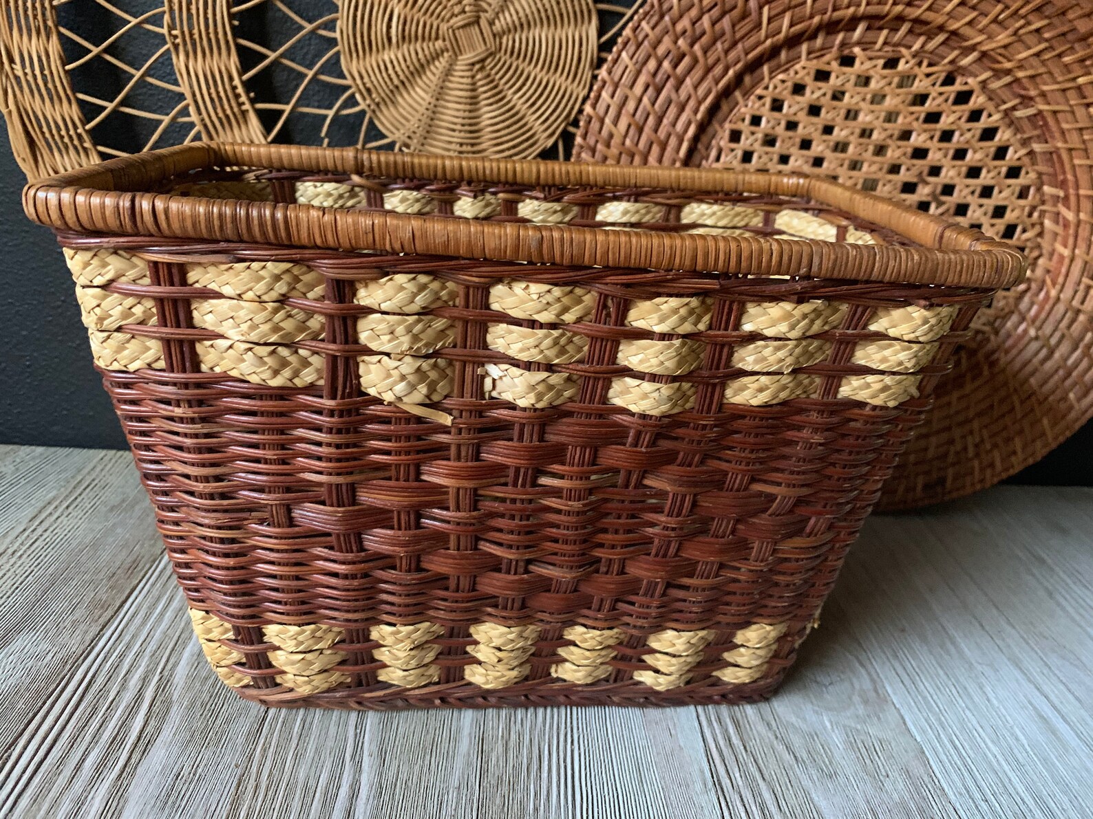 Vintage Wicker Planter Basket Rectangle Shaped Basket Etsy