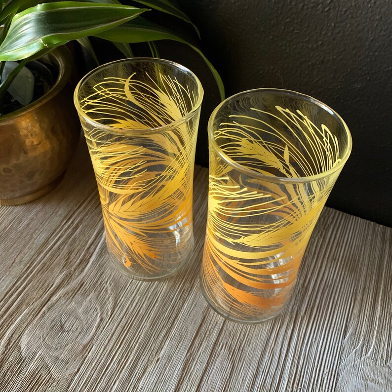 May include: Two clear glass drinking glasses with a yellow and orange wheat design.