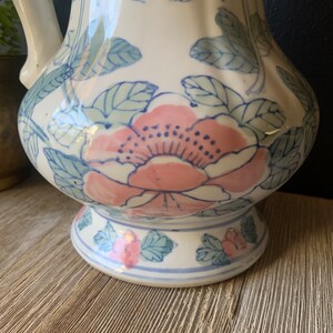 Vintage Blue and White Pink Floral Chinoiserie Ceramic Decorative Pitcher Porcelain Water Jug Vintage Planter Asian Jug with Handle image 6
