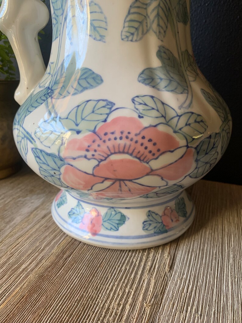 Vintage Blue and White Pink Floral Chinoiserie Ceramic Decorative Pitcher Porcelain Water Jug Vintage Planter Asian Jug with Handle image 6