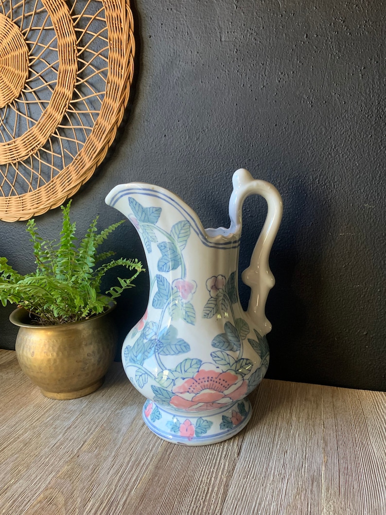 Vintage Blue and White Pink Floral Chinoiserie Ceramic Decorative Pitcher Porcelain Water Jug Vintage Planter Asian Jug with Handle image 1