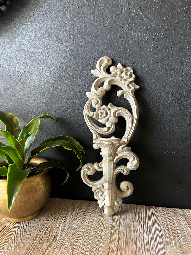 Vintage Homco Ornate White Candlestick Holder Wall Sconce, Mid Century Wall Decor, Hanging Wall Candle Holder, Gothic Candlestick Holder image 1