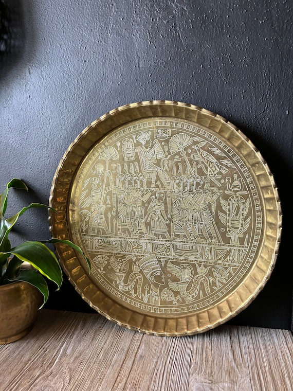 Vintage Large Round Egyptian Brass Tray, 16
