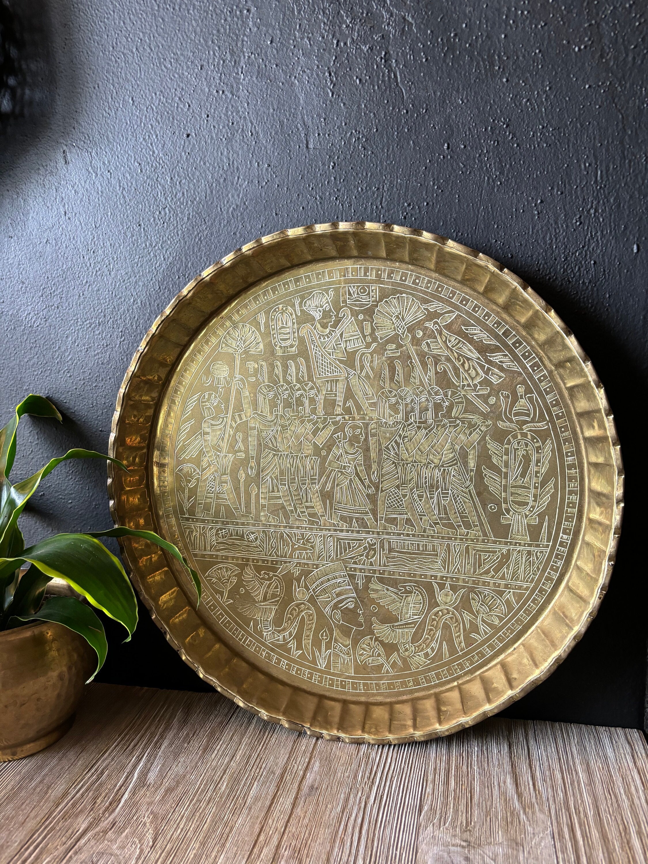 Vintage Large Round Egyptian Brass Tray, 16