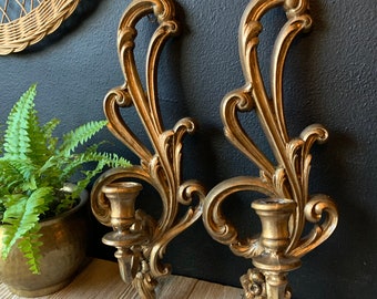 Vintage Syroco Ornate Gold Candle Wall Sconces | Hollywood Regency | MCM Decor | Gothic Candleholders | Bold Gold Home Decor | Gallery Wall