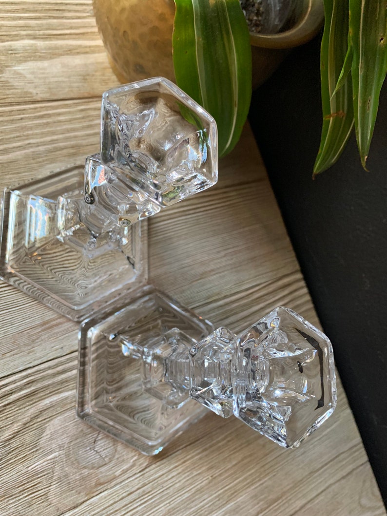 Vintage Crystal Glass Candlestick Holders, Set of Two, Clear Candle ...