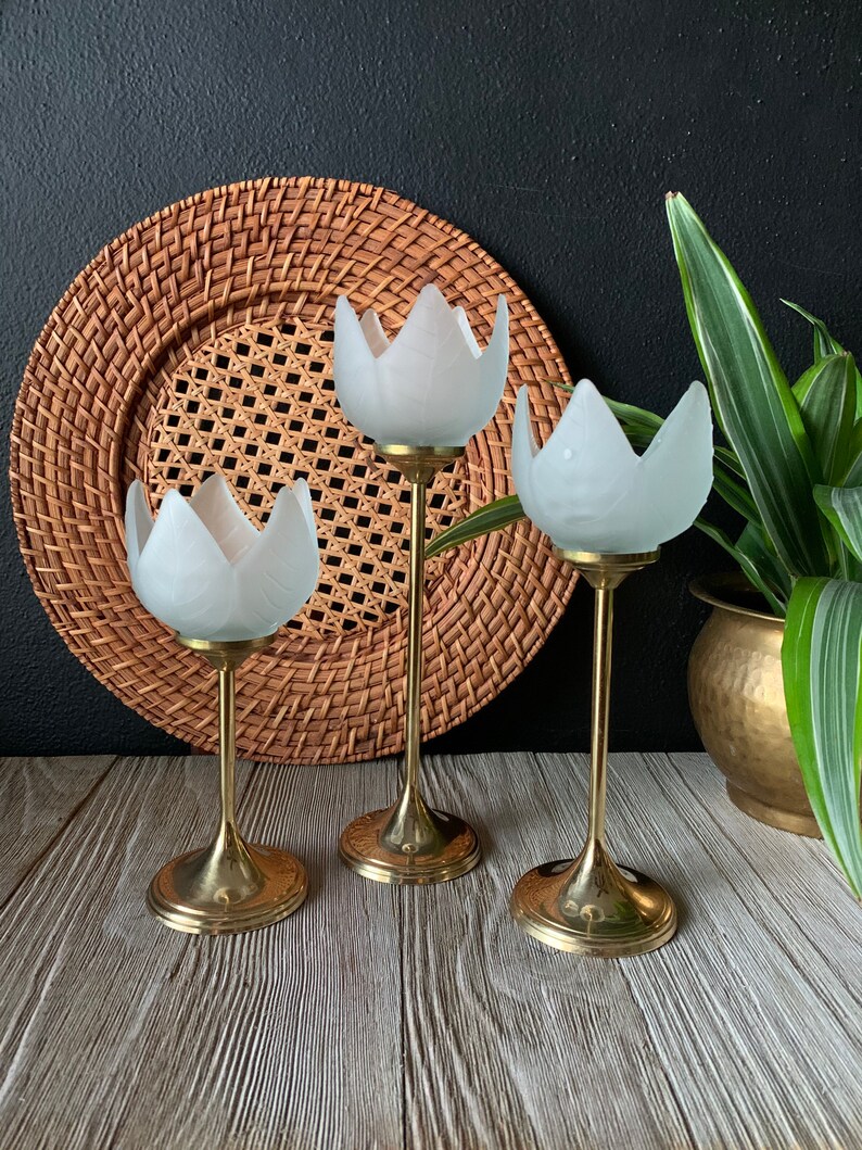 Vintage Brass and Glass Tulip Candle Holders Set of 3 Etsy