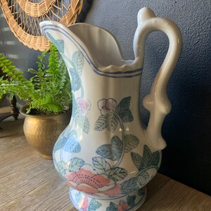 Vintage Blue and White Pink Floral Chinoiserie Ceramic Decorative Pitcher Porcelain Water Jug Vintage Planter Asian Jug with Handle image 3