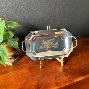 Vassoio intarsiato floreale in acciaio inossidabile ORO 18/10 e 24K con manici, vassoio decorativo per gioielli con manici in argento