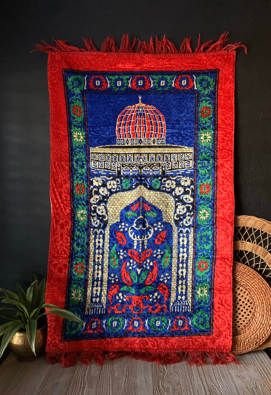 Vintage Red Wall Tapestry Rug | Fringed Turkish Prayer Rug