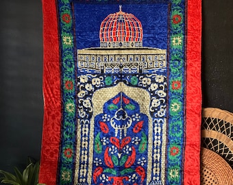 Vintage Red Wall Tapestry Rug | Fringed Turkish Prayer Rug | Istanbul Mosque | Boho Wall Decor | Mid Century Tapestry | Red Wall Decor