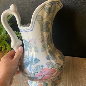 Vintage Blue and White Pink Floral Chinoiserie Ceramic Decorative Pitcher Porcelain Water Jug Vintage Planter Asian Jug with Handle image 5