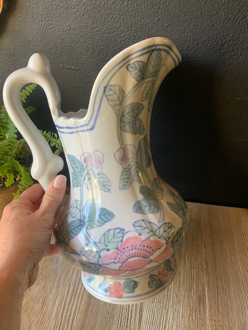 Vintage Blue and White Pink Floral Chinoiserie Ceramic Decorative Pitcher Porcelain Water Jug Vintage Planter Asian Jug with Handle image 5