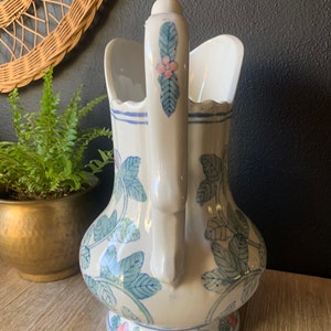 Vintage Blue and White Pink Floral Chinoiserie Ceramic Decorative Pitcher Porcelain Water Jug Vintage Planter Asian Jug with Handle image 7