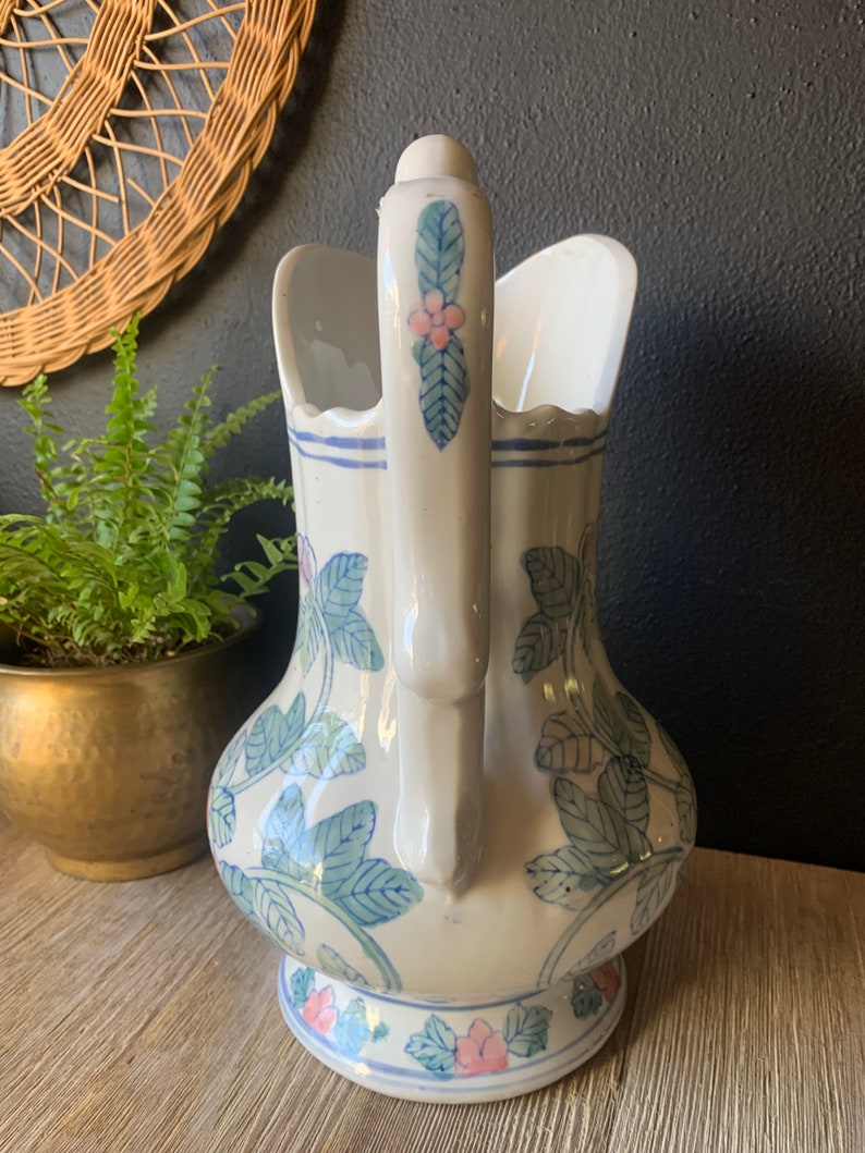 Vintage Blue and White Pink Floral Chinoiserie Ceramic Decorative Pitcher Porcelain Water Jug Vintage Planter Asian Jug with Handle image 7