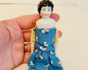 Antique German China Head Doll in Handmade Dress, Antique Collectible Dolls, Antique German Dolls, Antique Toys, Blue-eyed Doll