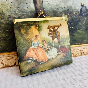 Monedero de tres pliegues con diseño escénico de mujer y hombre tocando la mandolina, estilo victoriano, estampado italiano vintage de los años 50