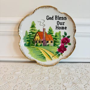 Mid-Century &quot;God Bless Our Home&quot; Decorative Wall Plate, Vintage Christian Plate, Porcelain Collectible Wall Plate