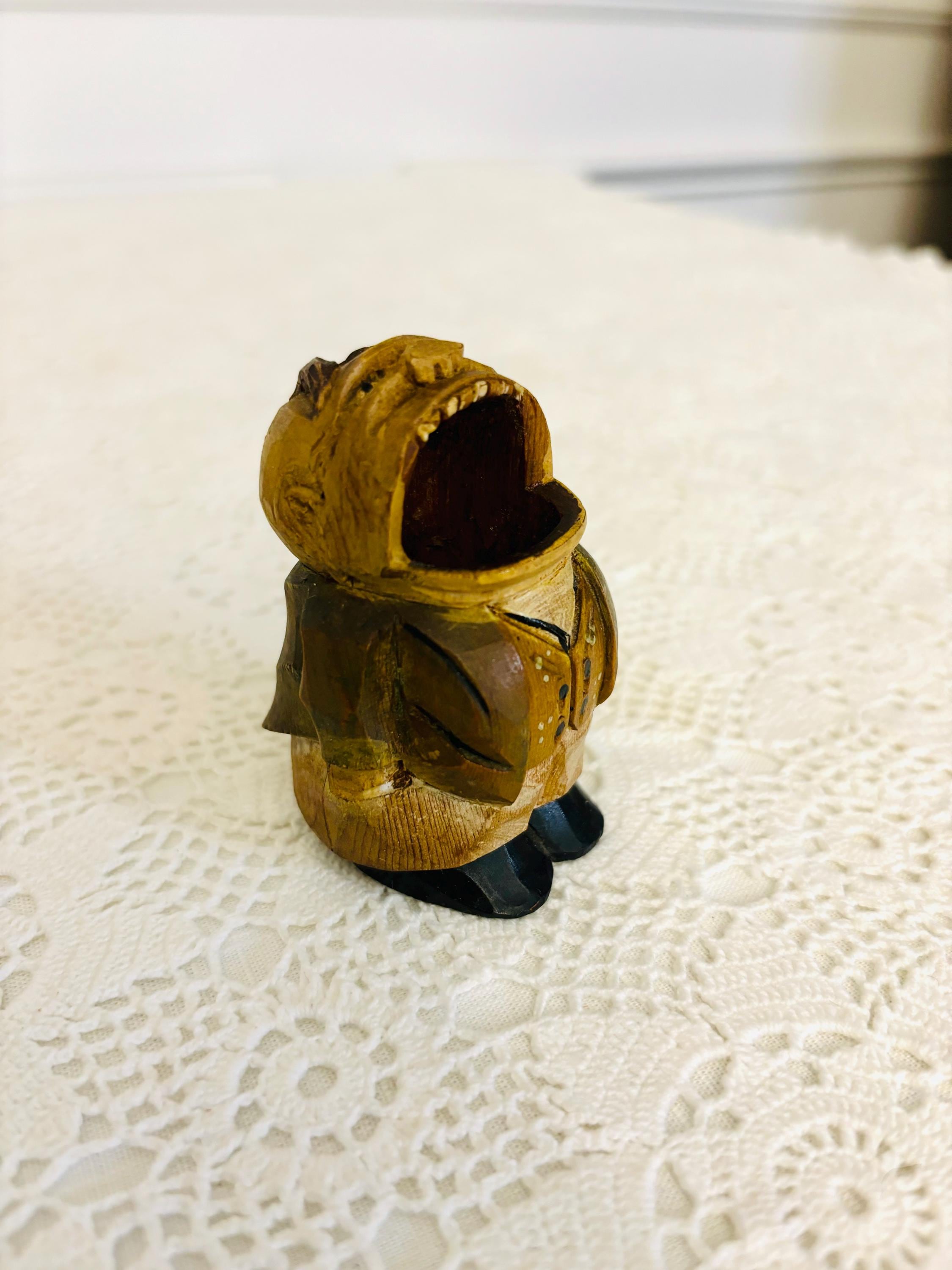 Vintage Hand Carved Wooden Toothpick Holder Man Figure Hand Painted by Anri
