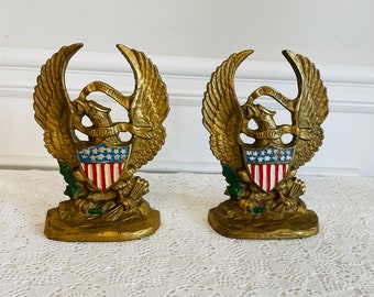 Vintage 7.25" Cast Iron Eagle Bookends, Gold Bookends with Eagle and 13 Star Shield, # 665 Stamped, Hubley Cast Iron, E Pluribus Unum Script