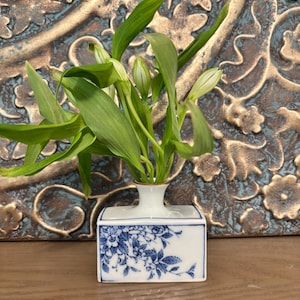 May include: A rectangular white ceramic bud vase featuring a blue floral pattern on the front and a narrow neck. The vase contains several green stems with pointed leaves and unopened flower buds, creating a simple and natural arrangement.