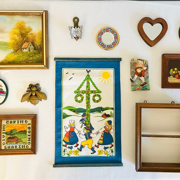 Curated Lot of Vintage Cottagecore Wall Decor// Vintage Panting, Cross Stitch, Wood Heart Mirror, Dutch Linen, Wood Shelf